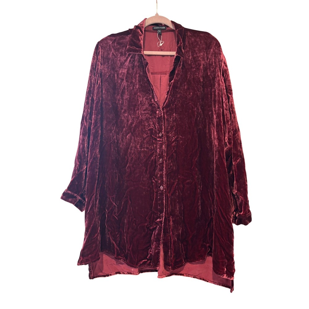 Eileen Fisher sz L maroon/wine collared velvet button down lagenlook classy J